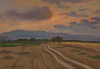 Corinthian Peninsula Landscape with Two Olive Trees, Sunset — Oil painting, Fiberboard, 35.00×50.00cm — Theodoros Markellos